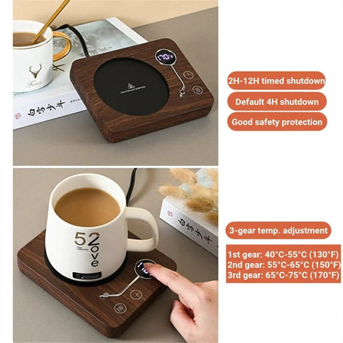 Smart Cup Heater And Mug Warmer With Three Adjustable Levels And Auto Timing Off on a wooden electric heating coaster.
