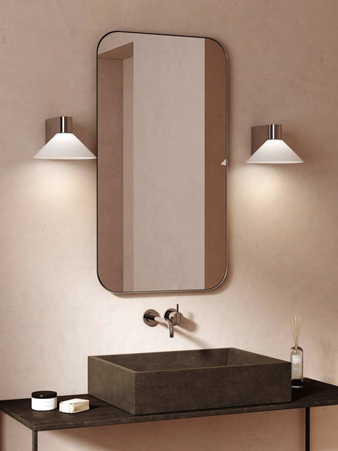 Conic Geometric Bathroom Wall Light In Polished Chrome Damp Rated G9 Vanity Fixture beside mirror in modern bathroom
