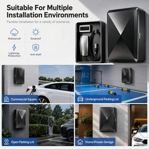 Lockable Outdoor Charger Enclosure Box Built From Heavy Duty Steel With Weatherproof Charging Station Cover For Electric Vehicles mounted in various locations.