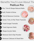 9 benefits of Hella Smooth Cordless Nail File Drill And Thick Toenail Grinder Professional Manicure Pedicure Kit displayed in infographic.