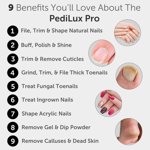 9 benefits of Hella Smooth Cordless Nail File Drill And Thick Toenail Grinder Professional Manicure Pedicure Kit displayed in infographic.