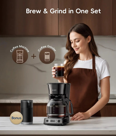 Woman using 12 Cup Drip Coffee Maker With Electric Grinder Combo, Programmable 24 Hour Brew Timer, Easy To Clean DuoSet Coffee System.