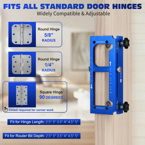 Heavy Duty Door Hinge Jig Kit, Precision Router Template For Nailing Cabinet Makeovers, showing adjustable settings for various hinge sizes.