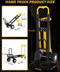 4 In 1 Convertible Hand Truck With 1000 Lb Capacity Dolly Cart And Wheels, Built Tough Heavy Duty Steel Frame For Moving Furniture And Boxes, Easy Load Transfer, Portable Mobility, And Versatile All Purpose Use. Size diagram with folded and upright views.