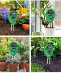 Grab-And-Go 3-In-1 Soil Test Kit Meter in vegetable garden, indoor plant pot, and outdoor lawn checking moisture, pH, sunlight levels.