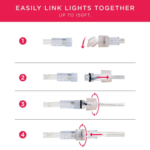 Connection steps for linking LED Rope Lights 25ft Color Changing RGB Indoor Outdoor Flexible Linkable Durable Clear Rope Lighting.