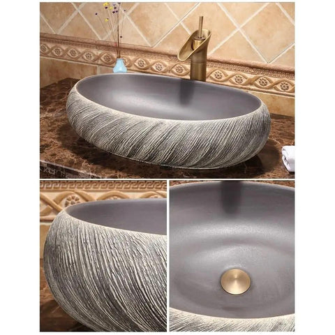 USZWBY Vessel Sinks Bathroom Vessel Sink Washbasin Ceramic Art Countertop Basin oval-shaped gray ceramic sink with textured exterior