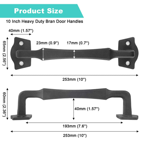 Diagram of 10 Inch Sliding Barn Door Handle Heavy Duty Rustic Barn Pull with dimensions in matte black solid metal