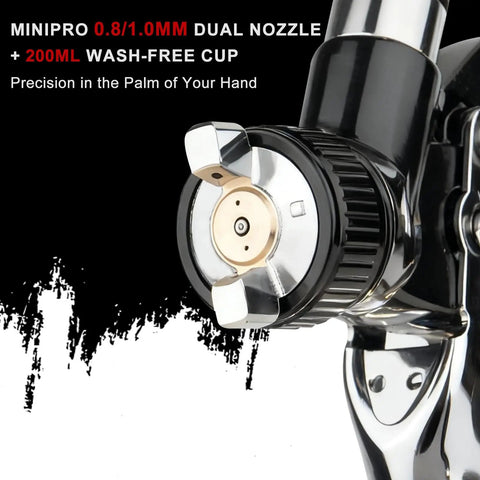 Mini Hvlp Spray Gun With Dual Nozzles And Disposable Paint Cups Top Shelf Automotive Touch Up Sprayer showing 0.8mm/1.0mm nozzle detail.