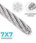 Close-up of One Sixteenth Inch Stainless Steel Wire Cable 100 Feet Marine Grade Aircraft Cable Wire Rope 7x7 strand core