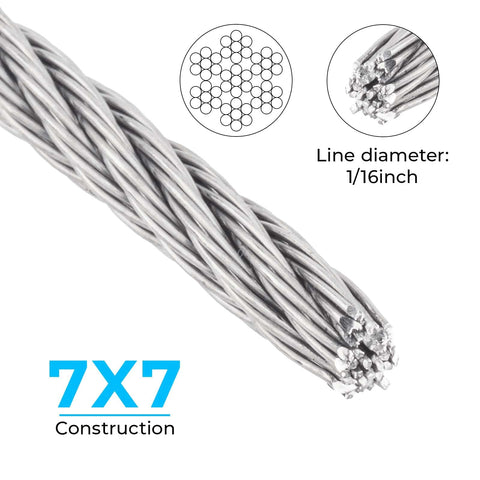 Close-up of One Sixteenth Inch Stainless Steel Wire Cable 100 Feet Marine Grade Aircraft Cable Wire Rope 7x7 strand core