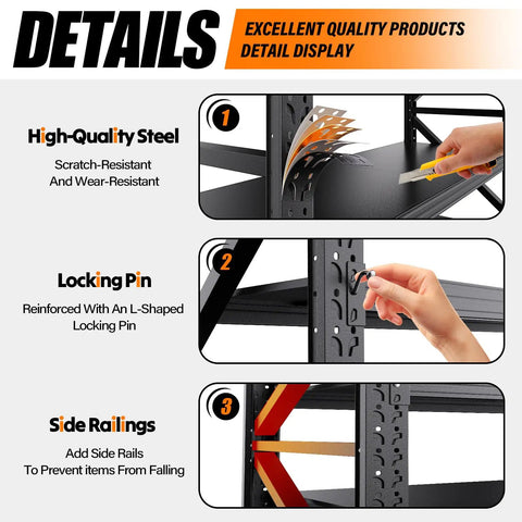 Hella Sturdy Heavy Duty Metal Storage Shelves With Rock Solid Frame And No Sweat Setup detail display with high-quality steel and locking pin.