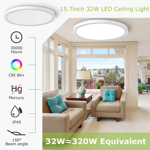 Slim Flush Mount LED Ceiling Light 32W 320W Equivalent Daylight 5000K Modern Flat Panel For Bedroom, Living Room, Office, Eye Friendly, High CRI 80 Plus, Glare Free, Uniform Brightness