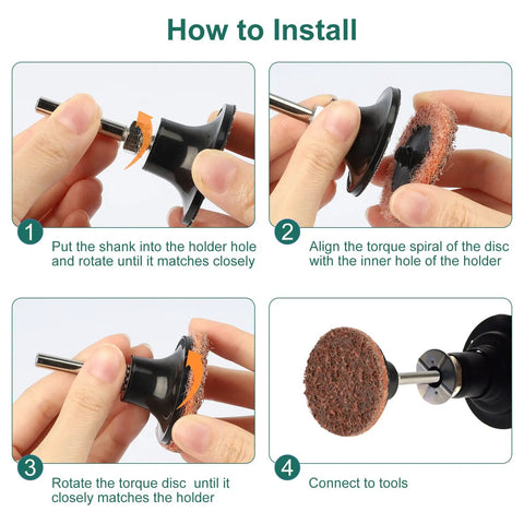 Installation guide for 90 Piece Quick Change 2 Inch Sanding Discs Set With Nylon Surface Conditioning Discs For Die Grinder Roll Lock Holder Coarse Medium Fine Finishes For Surface Stripping Polishing Burr Removal, showing step-by-step process.