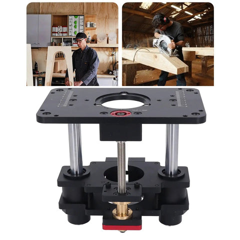 Rock Solid Router Lift System 69mm Mounting Plate With Dead Nuts Secure Locking Clamp and CNC Milled Aluminum Base for zero wiggle milling.