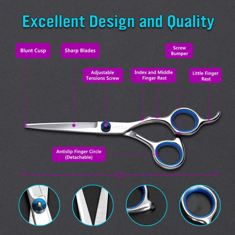 6.5 Inch Hair Cutting Scissors Set For Home And Salon, Pro Grade Japanese Stainless Steel Shears with tension screw and finger rest.