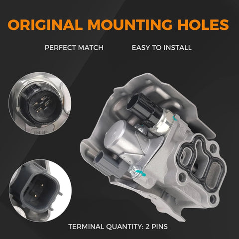 VTEC VVT Solenoid Spool Valve OCV Oil Control Plug And Play Direct Fit Replacement For Honda Civic Accord CR V Element RSX Acura 2Point0L 2Point4L L4 Engines 15810RAAA03 917224, showing original mounting holes and connector details