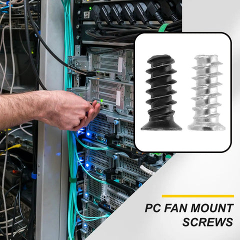 Premium M5 X 12mm Phillips Flat Head Computer Case Fan Screws Kit, black and silver screw against server background.