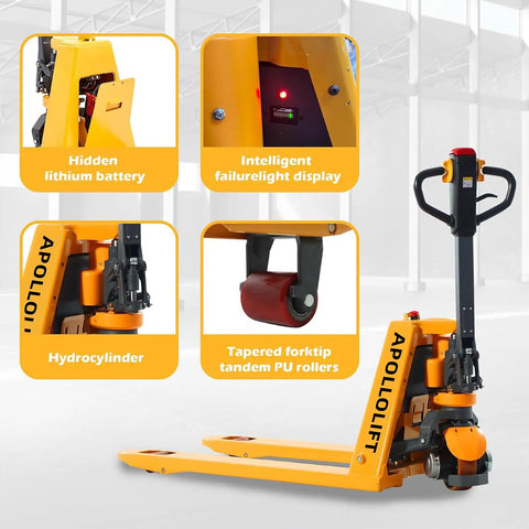 Apollolift 3300 Lb Electric Pallet Jack Truck With 48 By 27 Inch Forks, showing hidden lithium battery and intelligent display.