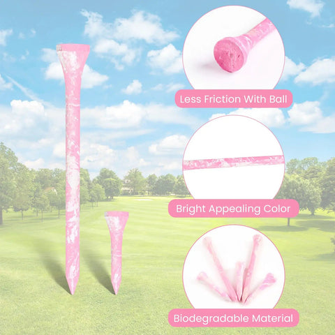 Bold Bamboo Golf Tees Set With 50 Painted Tees And 10 Extra Short 1.5 Inch Range Tees, high visibility pink, on a golf course