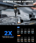 Close-up of 98 Piece Master Allen and Torx Bit Socket Set in use, showing hex and Torx bit sizes on S2 alloy steel.