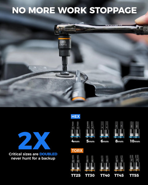 Close-up of 98 Piece Master Allen and Torx Bit Socket Set in use, showing hex and Torx bit sizes on S2 alloy steel.
