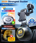 Military Grade Heavy Duty Car Phone Mount With Slam Suction Grip And Patented Safety Lock For Dashboard Windshield Vent Supports All Modern Smartphones Ink Black displayed with 85 lbs weight indicator.