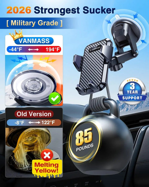 Military Grade Heavy Duty Car Phone Mount With Slam Suction Grip And Patented Safety Lock For Dashboard Windshield Vent Supports All Modern Smartphones Ink Black displayed with 85 lbs weight indicator.