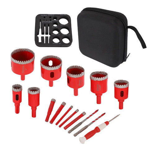 Premium 12-Piece Brazed Hole Saw Kit For Ceramic Tile Glass Marble Granite With Eva Locating Mold And Hard Case Serrated Drill Bits Ranging From Quarter Inch to Two Inches Totally Awesome Gear, red diamond drill bits and case
