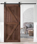 36x84 Inch Spruce Solid Wood Sliding Barn Door Slab In Coffee Finish With 6.6ft Hardware Kit And Handle K Shape installed in living room