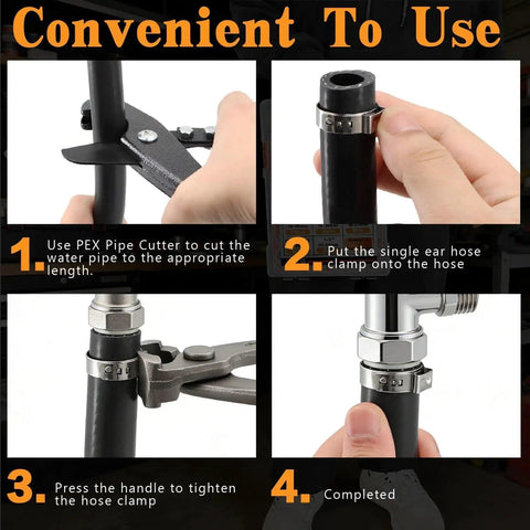 Step-by-step guide using 560 Piece Single Ear Hose Clamps Kit Pro Grade Stepless 22 Size From 5.3 mm To 36.1 mm 304 Stainless Steel Clamps With Pliers And PEX Pipe Cutter Tool In A Portable Toolbox For Automotive And Fuel Line Repair
