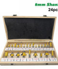Professional 24 Piece Router Bit Set With 8Mm Shank And Carbide Tips for detailed woodworking, displayed in a wooden case.