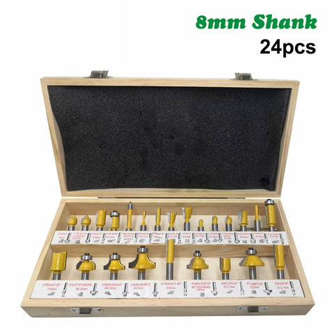 Professional 24 Piece Router Bit Set With 8Mm Shank And Carbide Tips for detailed woodworking, displayed in a wooden case.