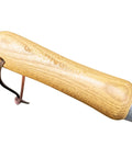 Close-up of ergonomic wood handle on Eco Garden Trowel With Ergonomic Wood Handle 100 Percent Recycled Stainless Steel Blade Rust Resistant