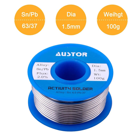 63-37 Tin Lead Rosin Core Solder Wire For Electrical Soldering, 1.5mm diameter, 100g reel with flux 2.0% on a blue spool