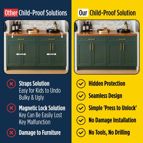 Comparison image showing differences between visible straps and No Drill Needed Cabinet Locks For Baby Proofing 10 Pack Invisible Adhesive Drawer And Cabinet Latches.