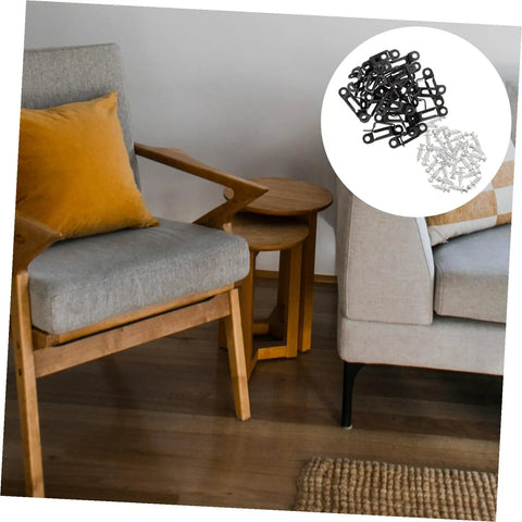 Invisible Furniture Connectors Set for Cabinets and Wardrobes, hidden fasteners on a wooden chair and grey couch.