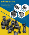Badass Leather Chicago Screw Kit With 110 Set M5 And M4 Rivets Comes With Awl And Screwdriver For Bookbinding And Leatherwork Heavy Duty Carbon Steel Construction, assorted black carbon steel rivets on a blue and yellow background.