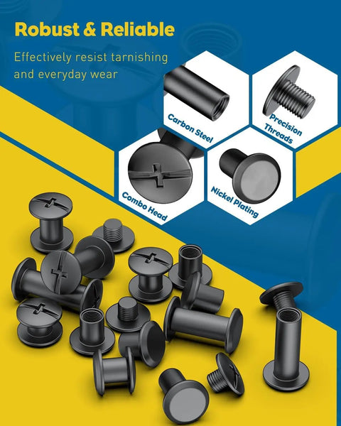 Badass Leather Chicago Screw Kit With 110 Set M5 And M4 Rivets Comes With Awl And Screwdriver For Bookbinding And Leatherwork Heavy Duty Carbon Steel Construction, assorted black carbon steel rivets on a blue and yellow background.