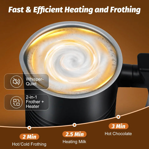 4 In 1 Milk Frother And Steamer For Hot And Cold Foam, 11.8 oz Capacity, Fast Heating, Quiet Operation, swirling milk foam visible