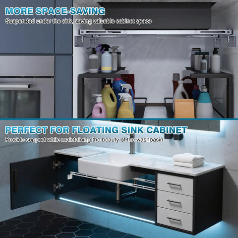Under Sink Support Brackets 24 to 59 Inch Adjustable Undermount Sink Bars, Beefy Heavy Duty Stainless Steel in kitchen setup