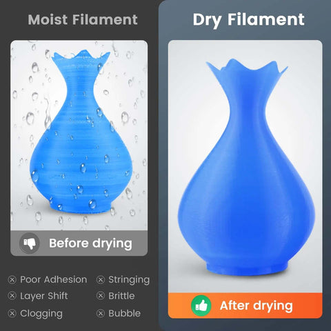 Before and after comparison of 3D printed vase showing effects of drying with 3D Printer Filament Dryer S4 4 Spool Capacity.