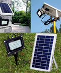 JUDYSSY Outdoor Solar Flood Lights with solar panel, wall-mounted and ground staked designs, ideal for garden and garage illumination.
