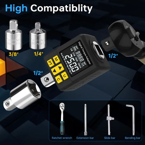 Half Inch Drive Digital Torque Adapter With Color Display And Alerts 1 Percent Accuracy 12.5 To 250 FtLb Range Peak And Track Modes