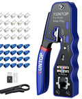 RJ45 Crimp Tool Kit For Cat5 Cat5e Cat6 Cat6a Ethernet With Pass Through Connectors One Step Crimping Kit shown with connectors and blue covers