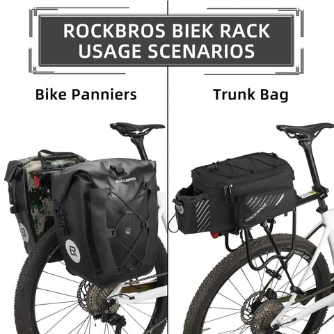 Rear Bike Rack With Quick Release Cargo Carrier for Mountain and City Bikes with panniers and trunk bag setup