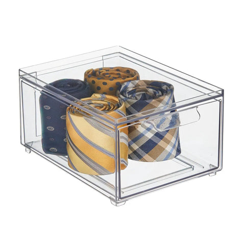 Stackable Storage Box With 2 Pull Out Drawers Clear Plastic Bin For Closet Organization housing rolled ties, Lumiere Collection