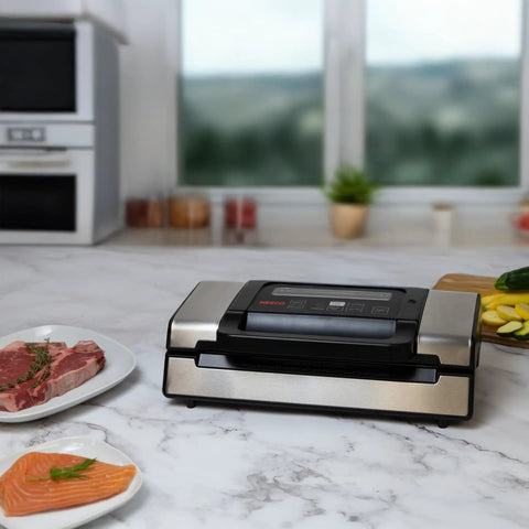 Deluxe 130 Watt Vacuum Sealer With Double Pump Dry Moist And Double Seal Modes on kitchen counter with fresh food plates