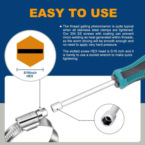 Stainless steel worm-gear hose clamp, angled front view, 3/8-5/8 in range, 5/16 in hex head, rolled edge, 20-pack
