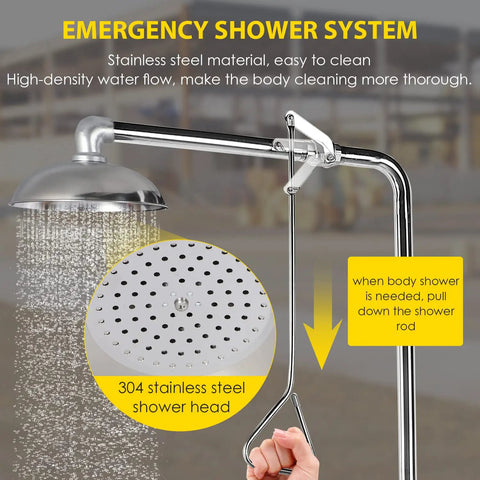 Heavy Duty Emergency Shower And Eyewash Station Combination Unit Built In Stainless Steel 304 Industrial Grade And Tough As Nails Safety Shower Eyewash With Eyewash Sign And NPT Thread
